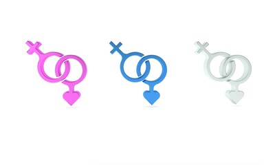 Wall Mural - Colorful Gender icon isolated on white background. Symbols of men and women. Sex symbol. Happy Valentines day. Minimalism concept. 3D render illustration