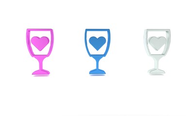 Canvas Print - Colorful Glass of champagne icon isolated on white background. Happy Valentines day. Minimalism concept. 3D render illustration