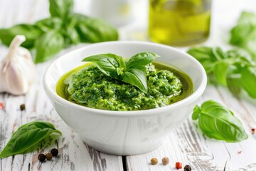 Herbal pesto in bowl on wooden white table