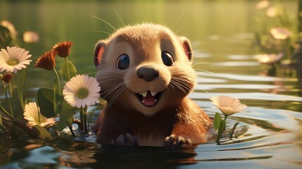 Poster - adorable baby beaver standing in front of water 