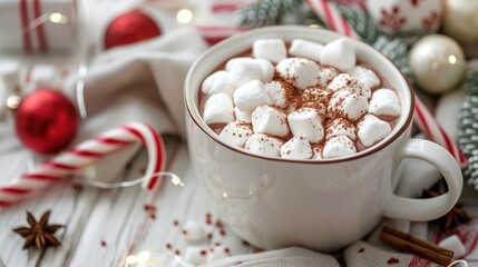 Wall Mural - Festive hot chocolate with marshmallow candy and Christmas decor on white wood