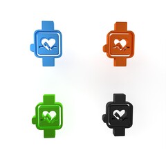 Canvas Print - Colorful Smart watch showing heart beat rate icon isolated on white background. Fitness App concept. Minimalism concept. 3D render illustration