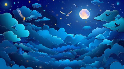 Wall Mural - a whimsical night sky transformed into a paper cut wonderland with deep blue clouds, a glowing moon,