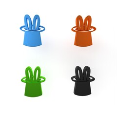 Canvas Print - Colorful Magician hat and rabbit ears icon isolated on white background. Magic trick. Mystery entertainment concept. Minimalism concept. 3D render illustration