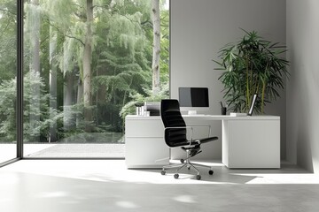 Sticker - Bright home office with white furniture and a lush green view highlighting a serene productive and aesthetically pleasing workspace with a connection to nature.