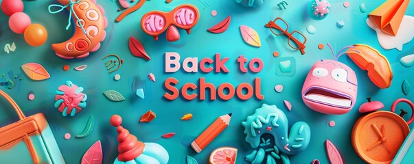 Wall Mural - Back to school concept with funny characters, school supplies, and creative elements made from colorful clay