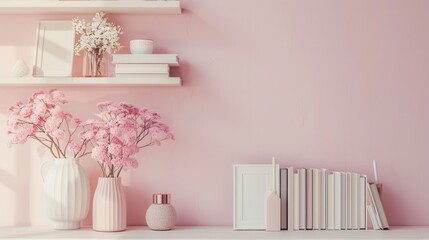 Wall Mural - A shelf unit displays a harmonious arrangement of books, vases, and frames against a soft pastel wall, creating a serene and inviting atmosphere. Generative AI