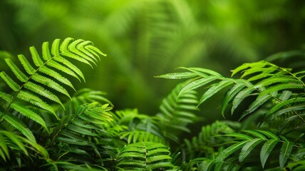 Wall Mural - lush green fern leaves in sunlight with defocused background for nature, ecology, and environmental 
