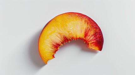 Wall Mural - A piece of peach, its red and yellow hues and juicy texture highlighted on a white backdrop. 