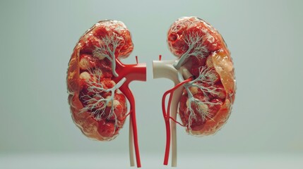 Wall Mural - Two kidneys are shown in a close up, with red veins visible