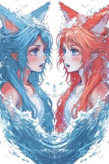 Wall Mural - Two girls with blue and red hair in water