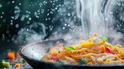 Wall Mural - Mouthwatering pasta and vegetables floating over a steaming black pan, with a crisp white background to showcase the dish