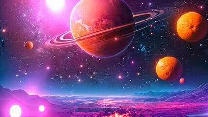 Wall Mural - Video footage of vibrant and colorful space scene with various celestial bodies. It shows a purple and blue nebulous sky with stars, several large planets in close proximity to each other