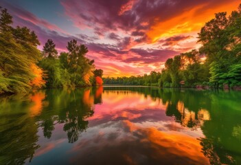 majestic sunset over calm river golden sky reflective water surface surrounded lush green trees serene atmosphere, reflection, nature, landscape, tranquil