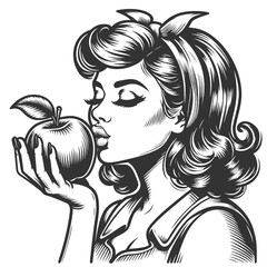 Wall Mural - woman kissing an apple, featuring intricate details and a nostalgic design sketch engraving generative ai fictional character raster illustration. Scratch board imitation. Black and white image.