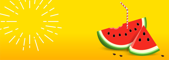 Yellow Summer banner with Watermelon. Sun rays drawn white pencil. 3D slice Watermelon with drinking straw. with empty place for text. Vector illustration on yellow background.