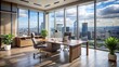 © DigitalArt Max - Modern office space with sleek furniture, large windows, and city view, ready for a confident professional to occupy, conveying success and authority.