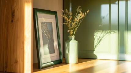 Poster - Close up of green copy space in photo frame on home cabinet