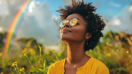 Happy young black woman breathing fresh air outdoors in nature. African american female meditating outside practicing wellness meditating deep breathing. Blue sky and rainbow. Inclusive pride	
