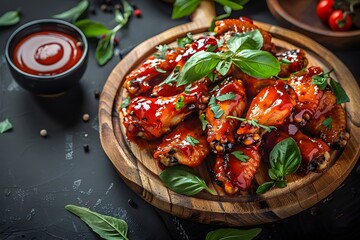 Wall Mural - Deliciously glazed chicken wings garnished with fresh basil on a wooden platter.