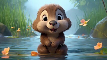 Wall Mural - adorable baby beaver standing by water holding flowers