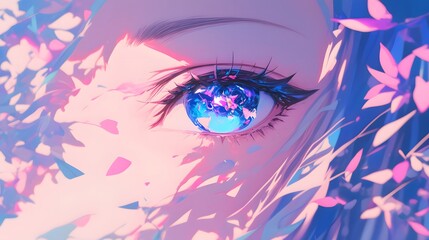 Poster - Closeup of a woman's eye with pink and blue hues.