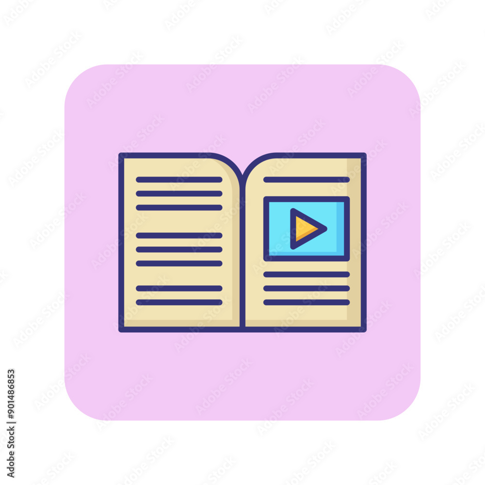 Movie Script Image Icon Film script line icon. Open book with play sign. Filming concept. Can ...