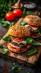 Wall Mural - Delicious gourmet burgers with fresh basil and tomatoes on a wooden board.