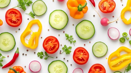 Wall Mural - A vibrant seamless pattern featuring a mix of sliced vegetables like cucumbers, bell peppers, radishes, and tomatoes, arranged in a playful and colorful manner on a white background.