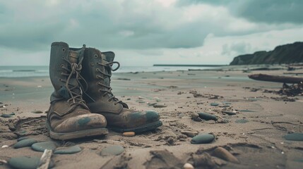 Vintage military boots on a sandy beach, under an overcast sky, capturing a somber, historical mood