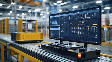 Advanced Manufacturing Facility with Data Display. Advanced manufacturing facility showcasing a computer screen with real-time data and production statistics.