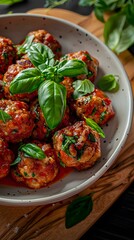 Wall Mural - Delicious homemade meatballs garnished with fresh basil in a rustic setting.