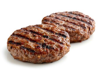 two grilled beef burger patties isolated on white background, barbecued meat with grill marks