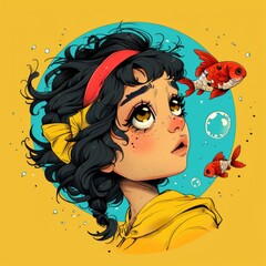 Dreamy Girl Looking Upwards With Fish Illustration