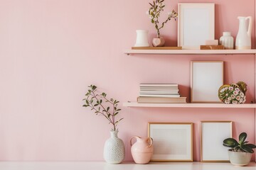 A shelf unit showcases an array of decorative items, including books, vases, and photo frames, set against a soft pastel wall background. Generative AI