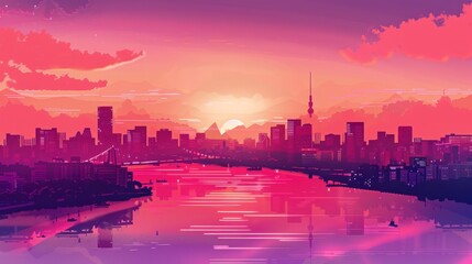 Canvas Print - City Skyline at Sunset with Reflected Lights