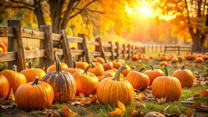 Wall Mural - Golden sunlight casts a warm glow on a vibrant Halloween pumpkin patch, overflowing with ripe orange pumpkins, amidst a rustic wooden fence and autumn leaves.