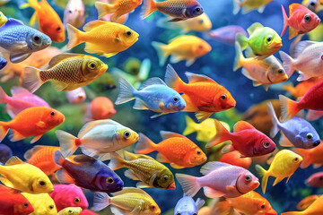 Amazing school of tropical fish living in a coral reef.