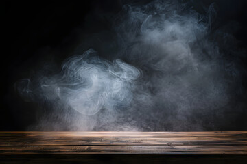 Sticker - empty wooden table with smoke float up on dark background