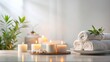 © kansak01 - Serene spa ambiance with candlelit relaxation banner, and white table top in focus, perfect for showcasing products or cosmetics on a clean minimalist backdrop.