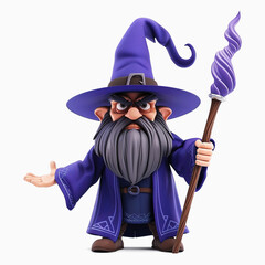 Cartoon wizard with a purple hat and staff