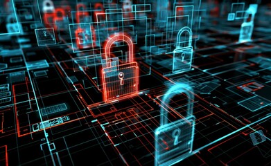 Wall Mural - hacking, cyber security, encryption. camera flies through blue hexagons and padlocks in a modern ill