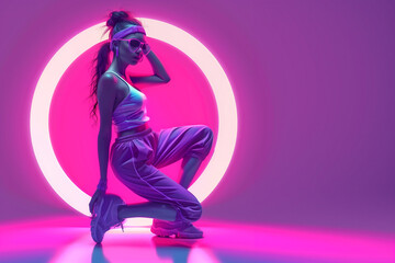 Wall Mural - Fashionable sporty young girl posing on neon pink and purple background. She makes a triangle with his hands Sports fashion style. Illustration. Generative AI.