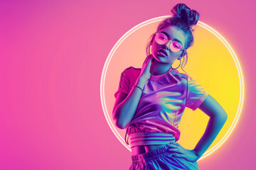 Wall Mural - Fashionable sporty young girl posing on neon pink and purple background. She makes a triangle with his hands Sports fashion style. Illustration. Generative AI.