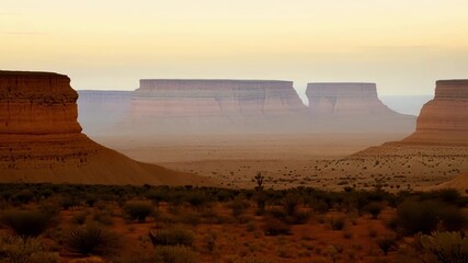 Sticker - Distant view of the cliffs with hazy outlines of cacti and desert shrubs in the foreground.