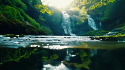 Sticker - A closeup shot reveals the intricate patterns and textures of a rainforest waterfall as it flows down the rocky cliffs. The sunlight adds another layer of beauty to the already