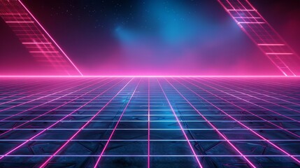 Canvas Print - Rendering of an abstract futuristic background, an empty virtual room, cyberspace with a grid, glowing in violet red neon