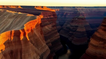 Sticker - Aerial views showcase the intricate patterns and textures of the canyon walls illuminated by the warm hues of the setting sun.