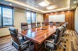 © DigitalArt Max - Modern conference room with a large wooden table, leather chairs, and a whiteboard, set for a business meeting, with natural light illuminating the space.