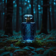 perfume in a magical dark forest in blue shades